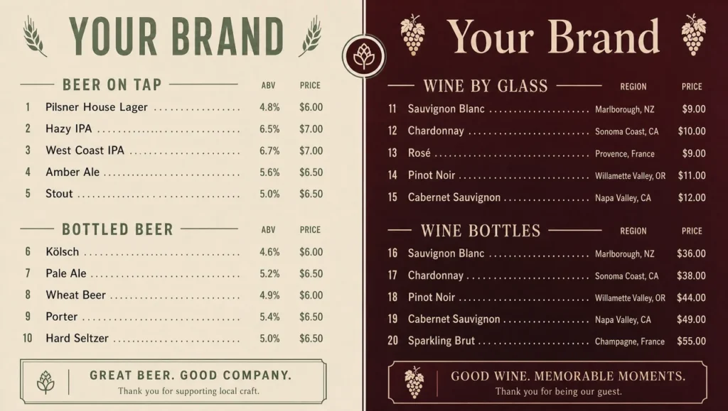 Beer and wine menu template, full design view.