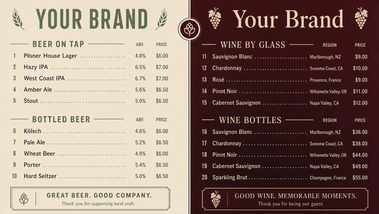 Beer and wine menu template, full design view.