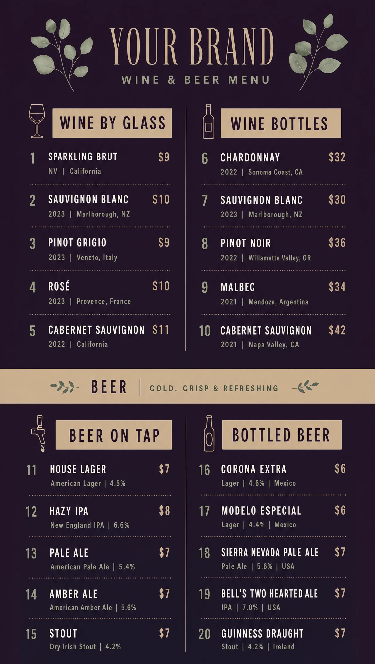 Beer and wine menu, vertical panel with wine above beer.