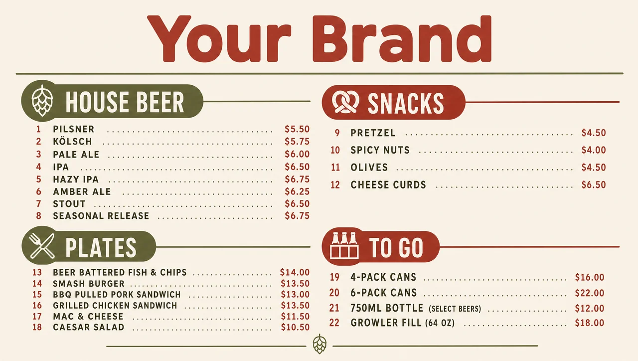Brewery food menu ideas for a kitchen with one fryer.