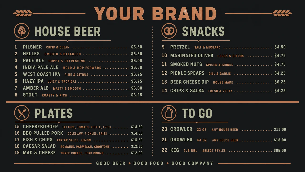 Sample brewery menu template, full design view.