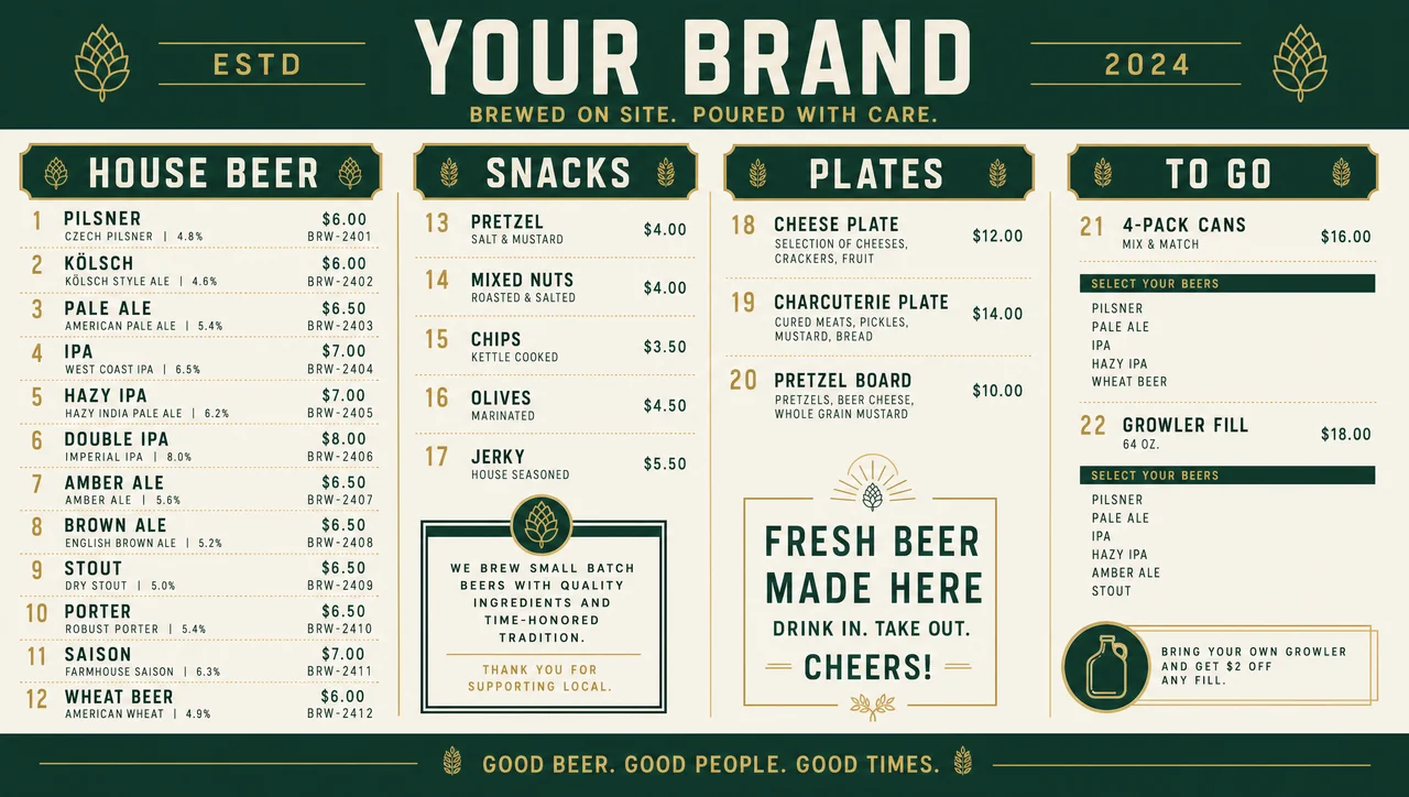 Brewery beer menu with batch notes and no kitchen.