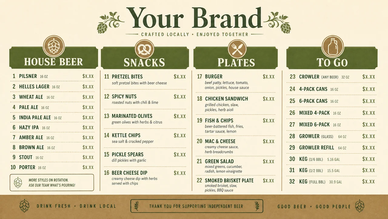 Brewery food menu with plates in the top block.