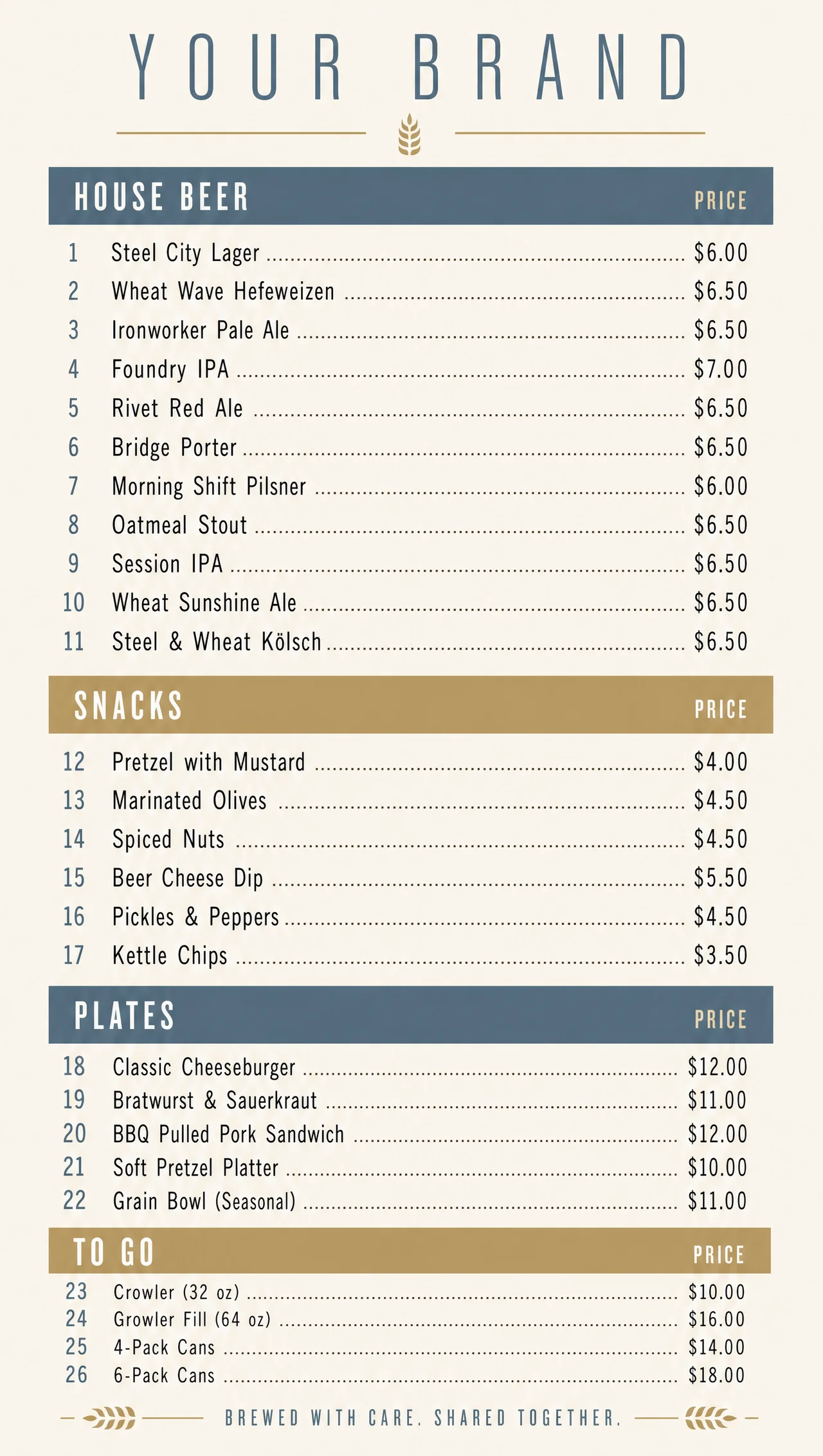 Brewery menu, vertical entrance panel with four sections.