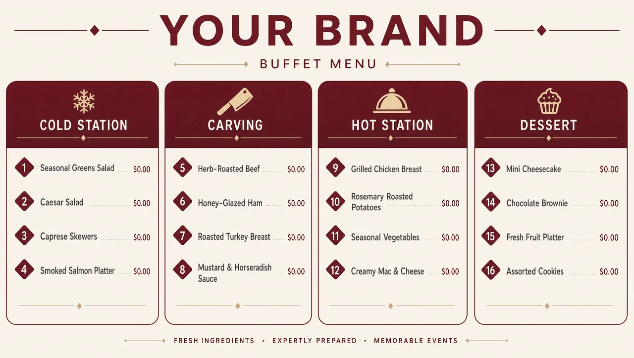 Classic buffet menu ideas laid out as four station panels.
