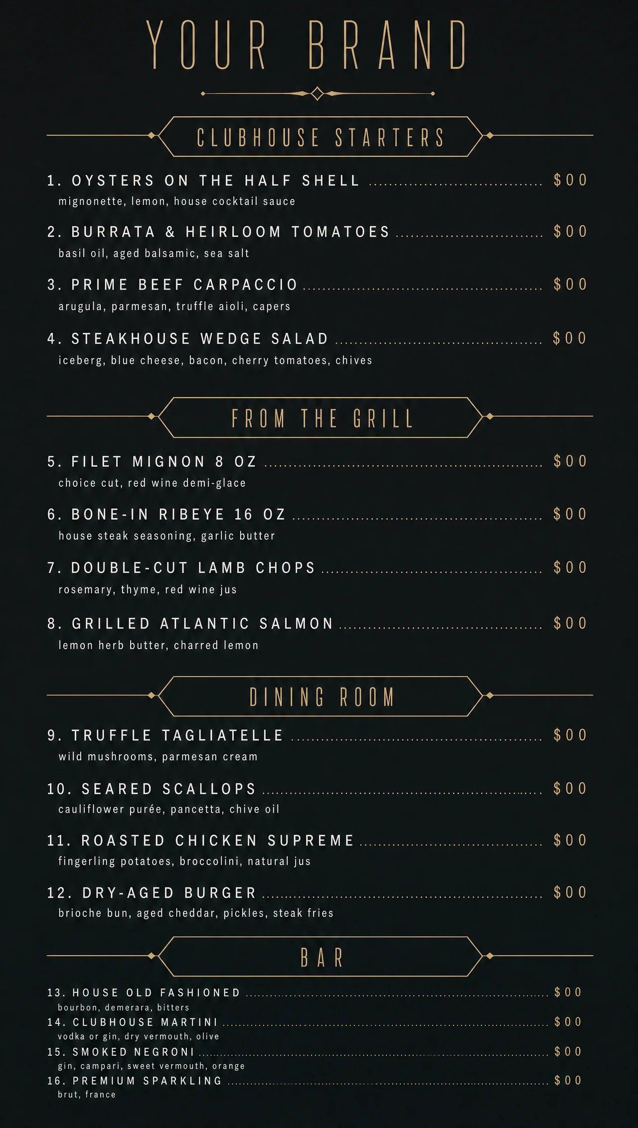 Country club restaurant menu, vertical host stand panel.