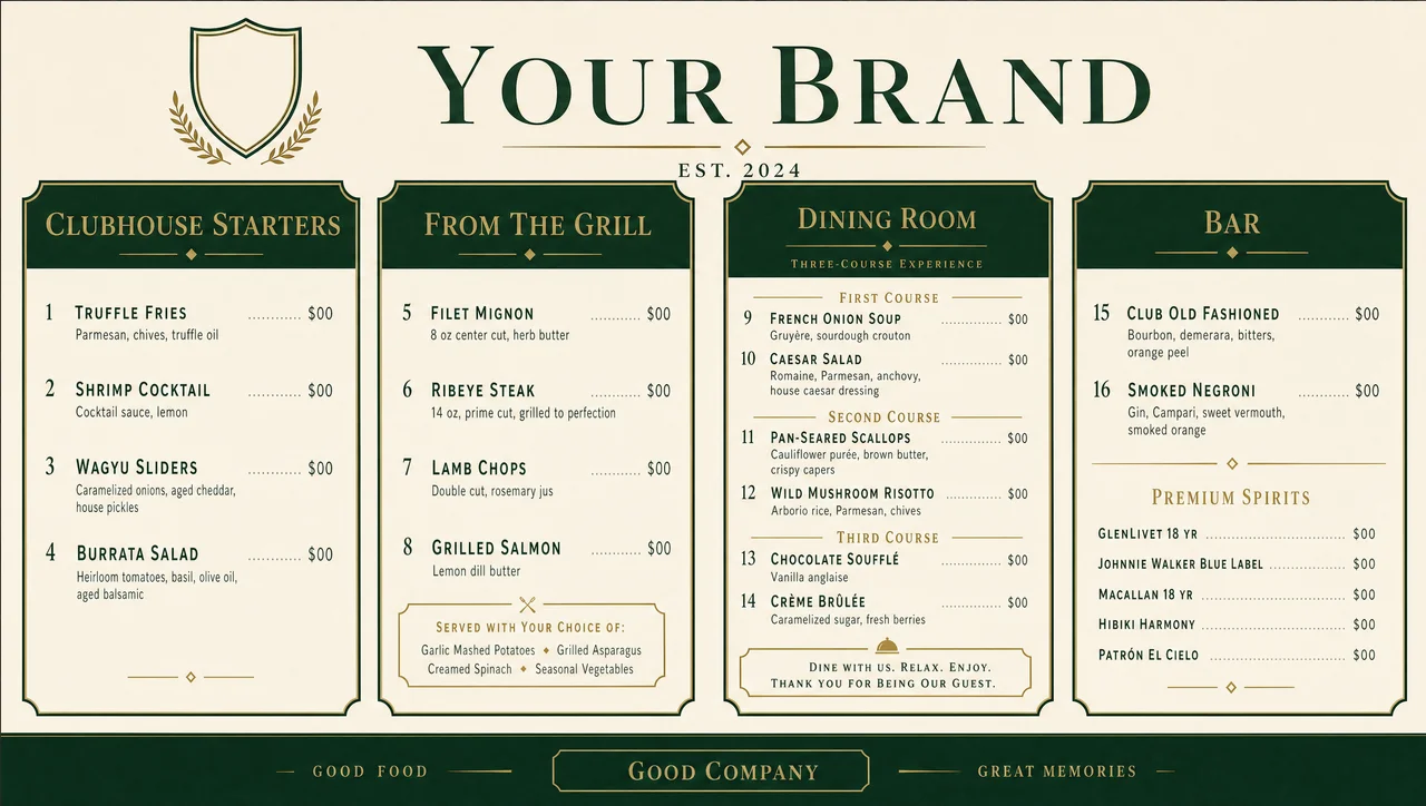 Country club menu ideas in one dining room template.