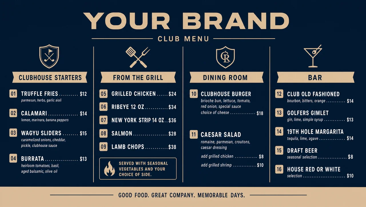 Country club food menu with the grill block on top.