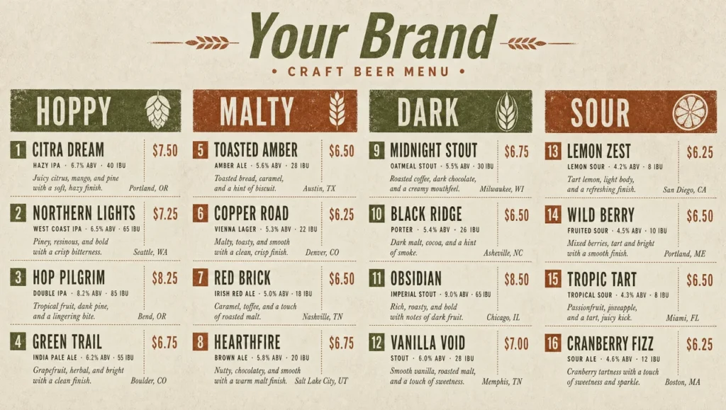 Craft beer menu, full view with tasting notes.