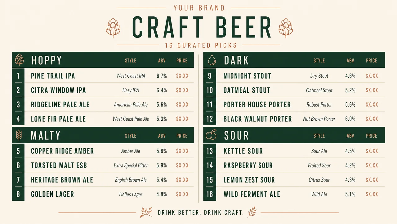 Craft beer list for a cooler door in two narrow columns.