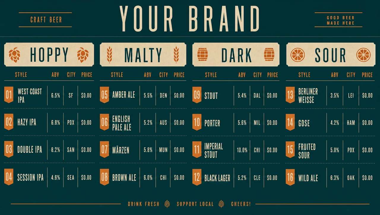 Craft beer menus trimmed to style, ABV and city.