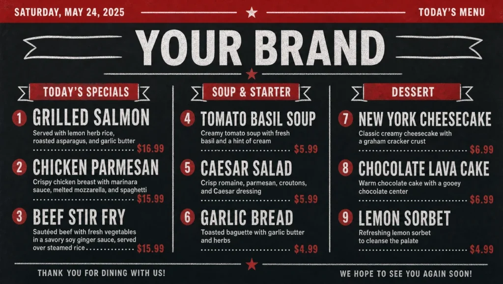 Sample daily specials menu template, full design view.