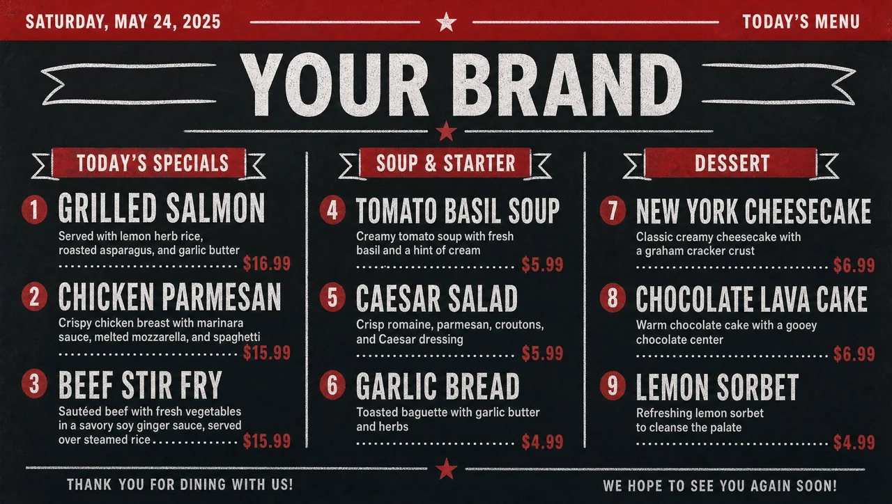 Sample daily specials menu template, full design view.
