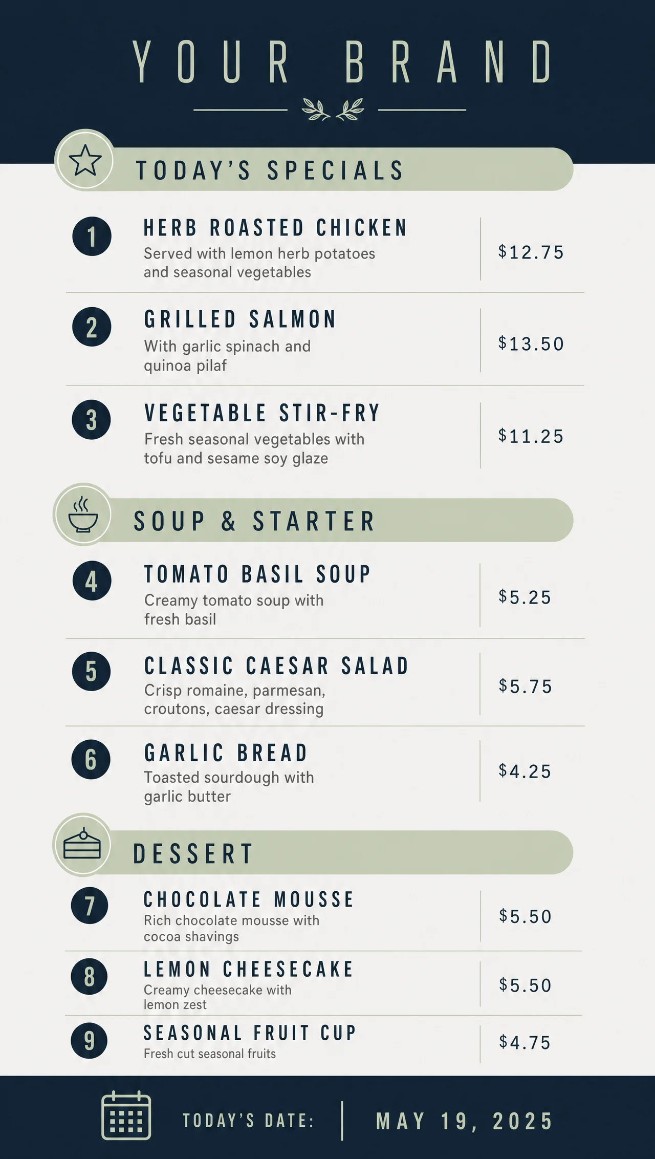 Daily specials menu example, vertical entrance panel.