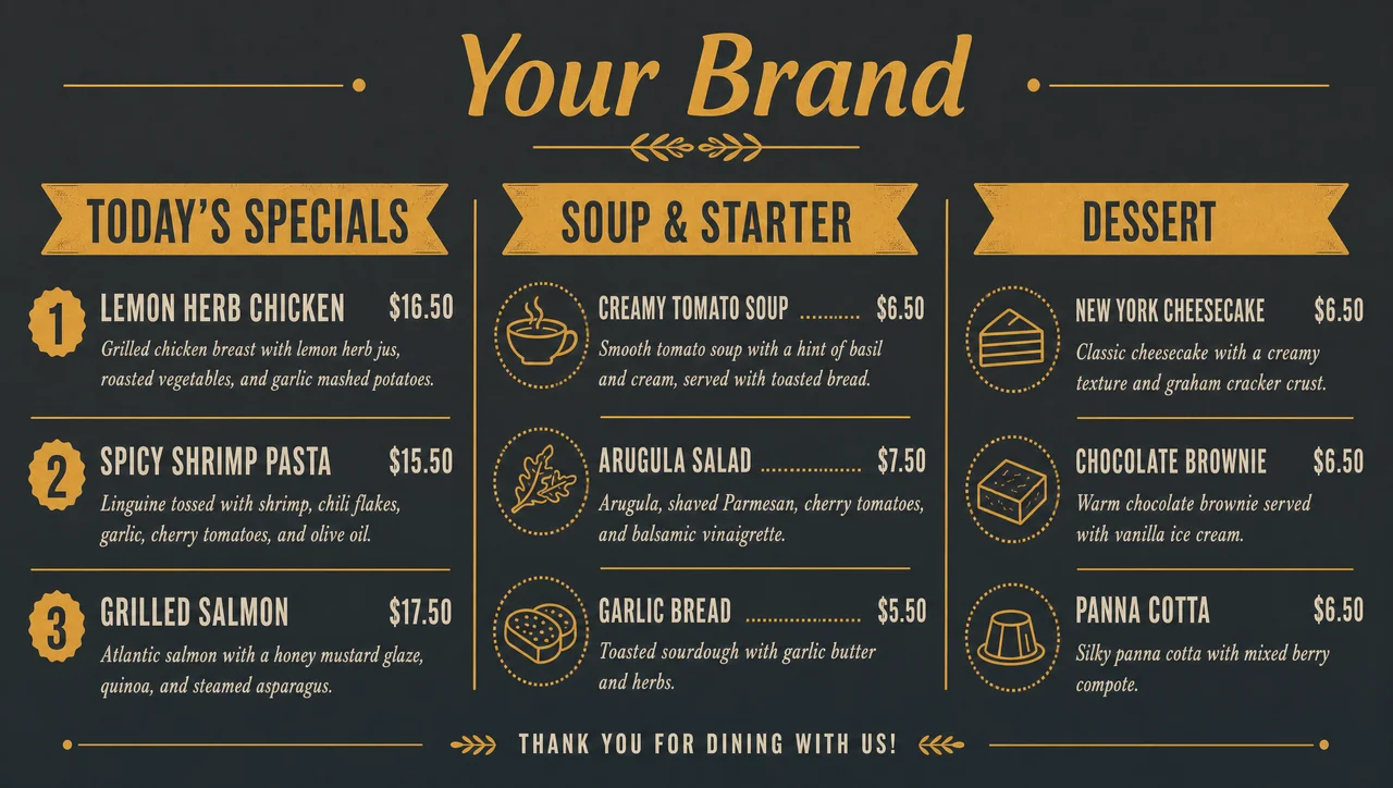 Daily specials menu with two-line descriptions.