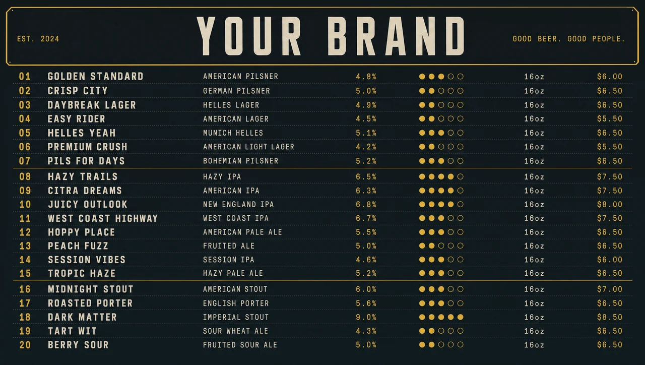 Draft beer list as twenty numbered lines with no headers.