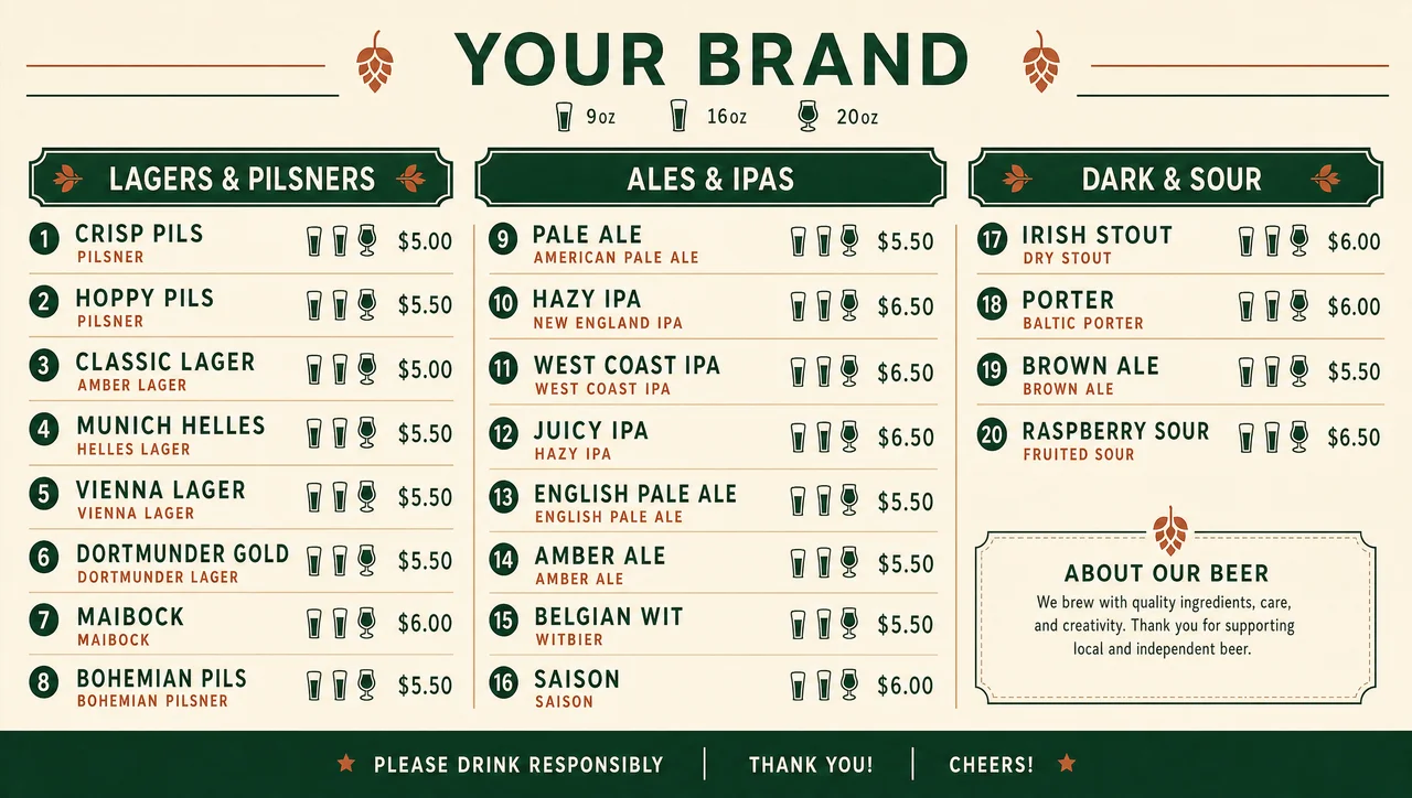 Beer tap menu marking half and full pint on each line.