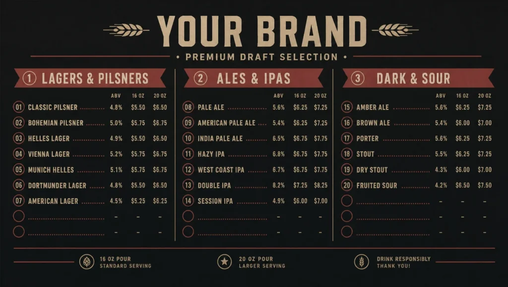 Draft beer menu, full view with style blocks.