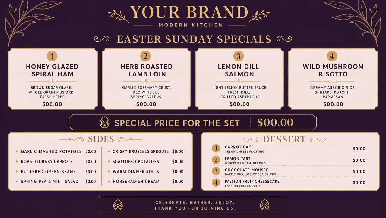 Easter sunday dinner menu template, full design view.