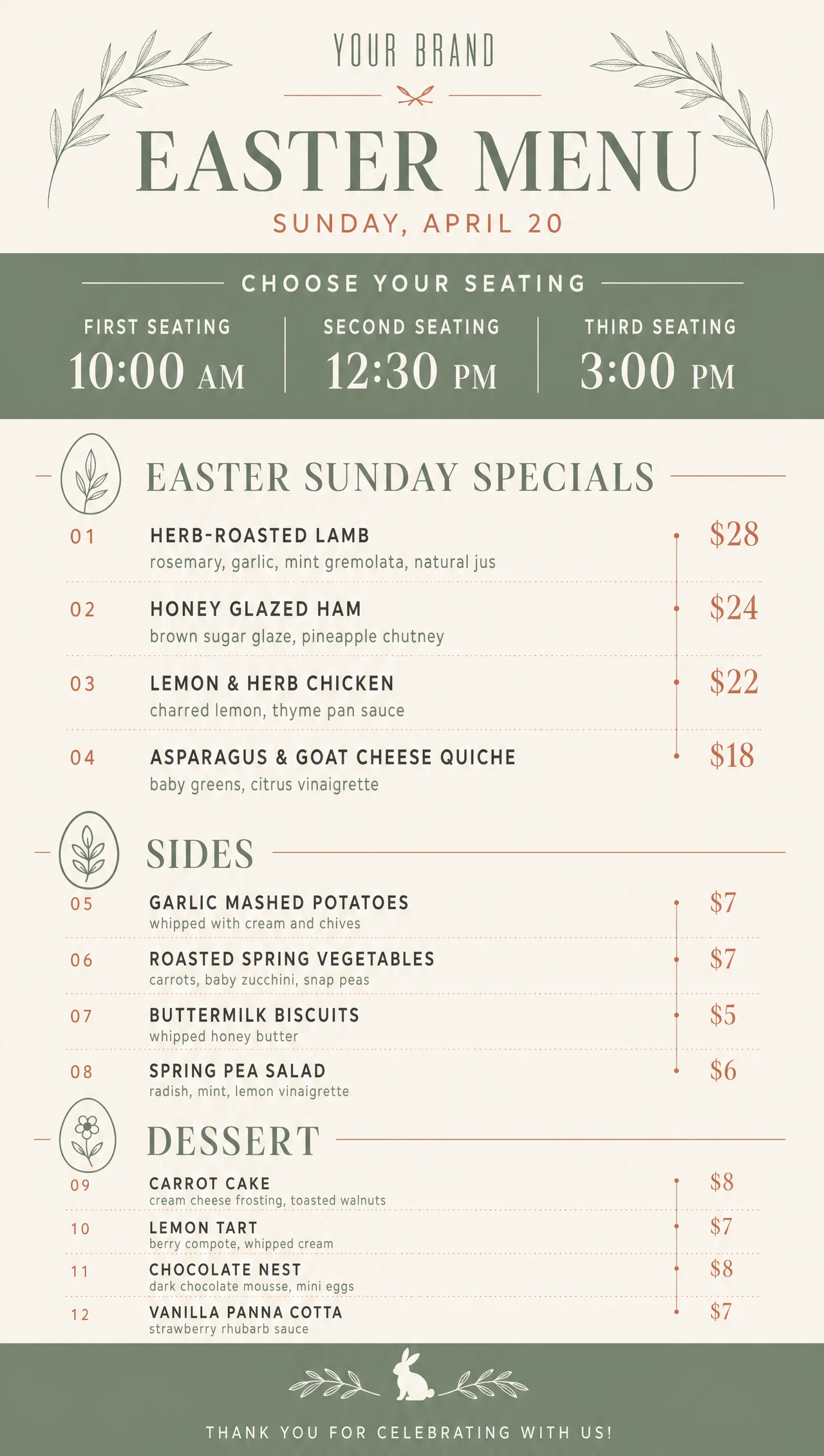 Easter sunday menu, vertical entrance board with all sittings.