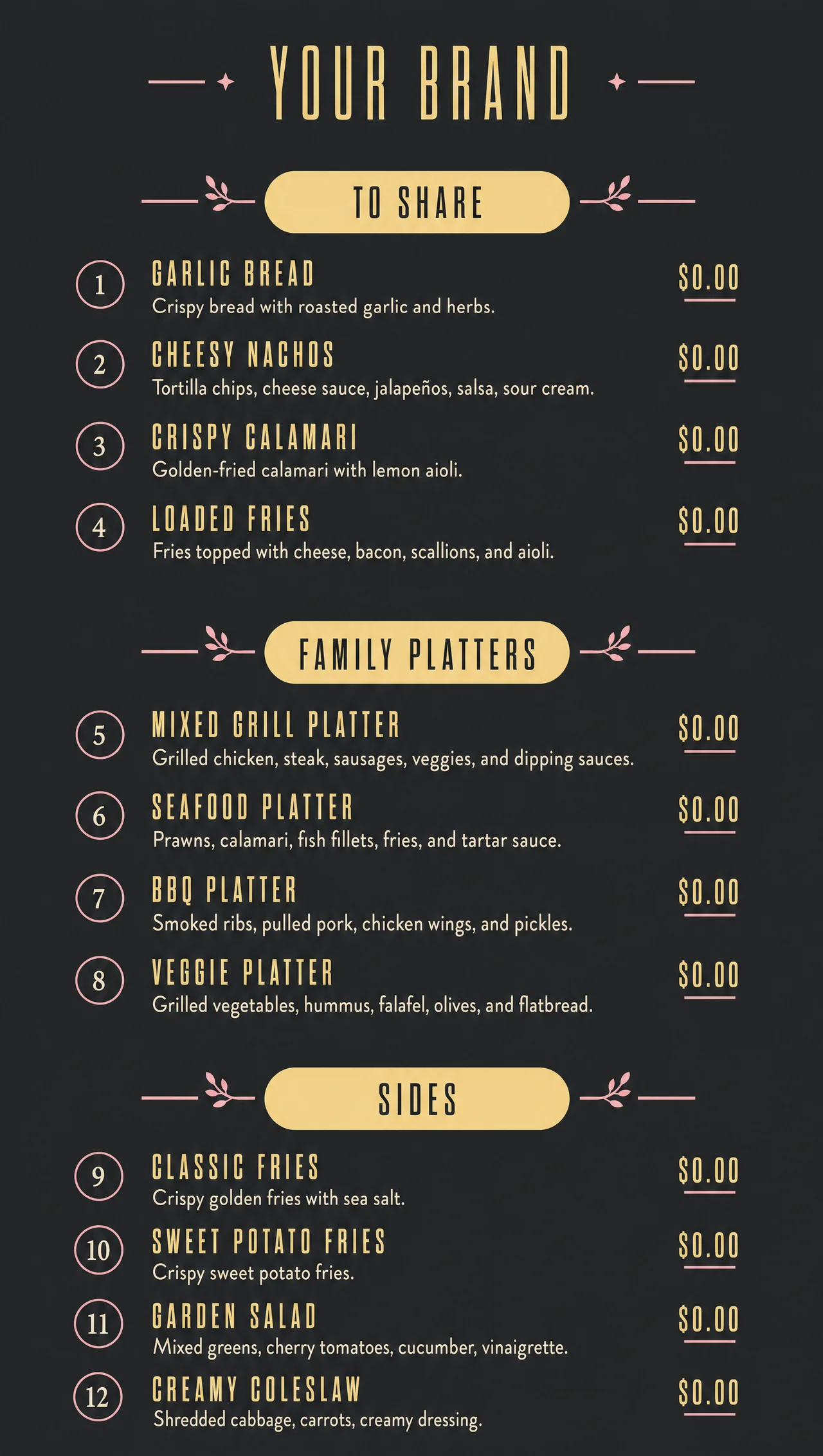 Family style dinner menu ideas, vertical entrance panel.