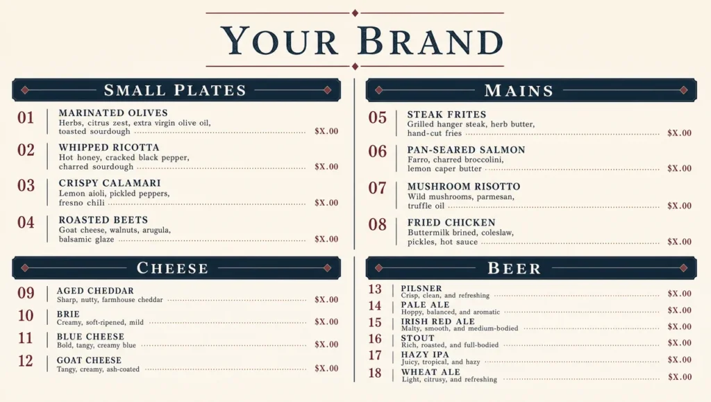 Gastropub menu template, full design view.