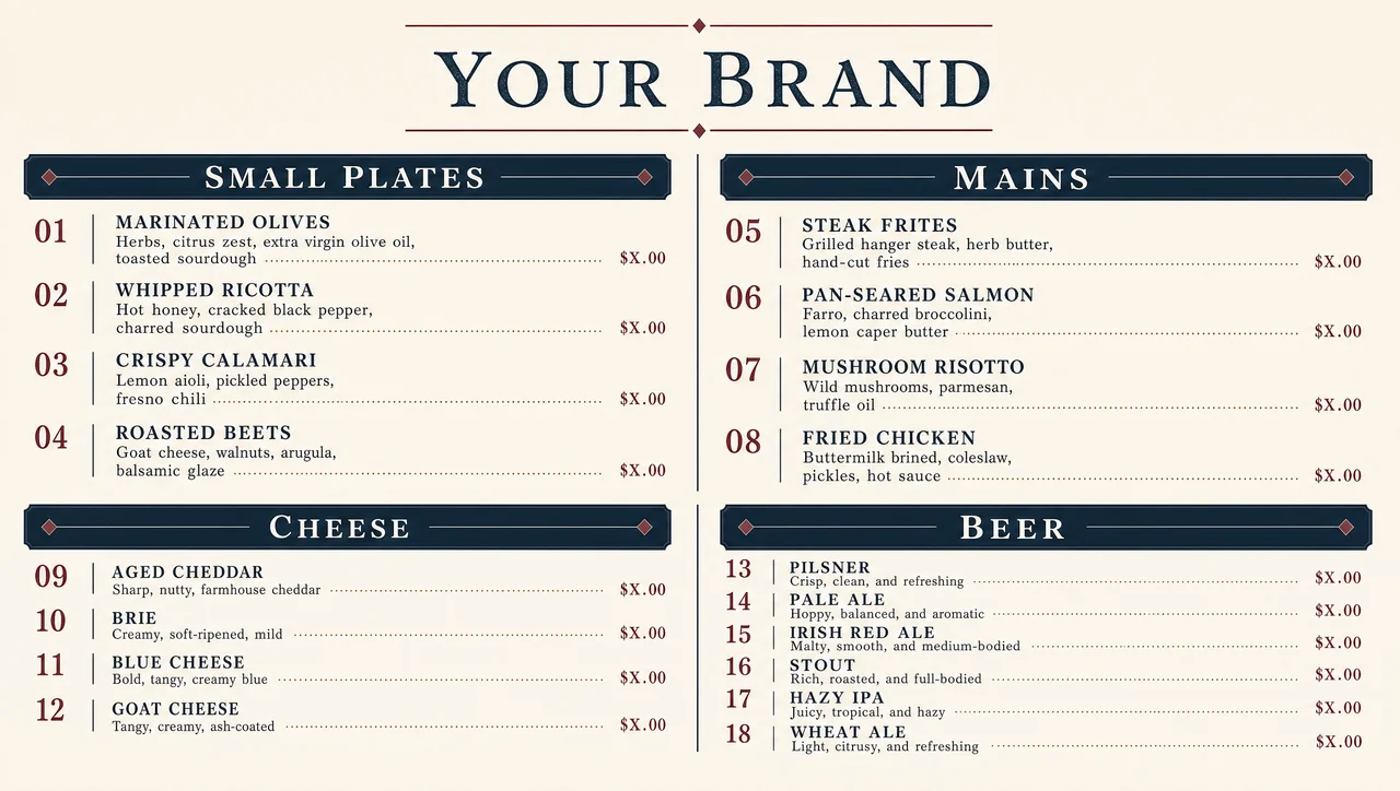 Gastropub menu template, full design view.