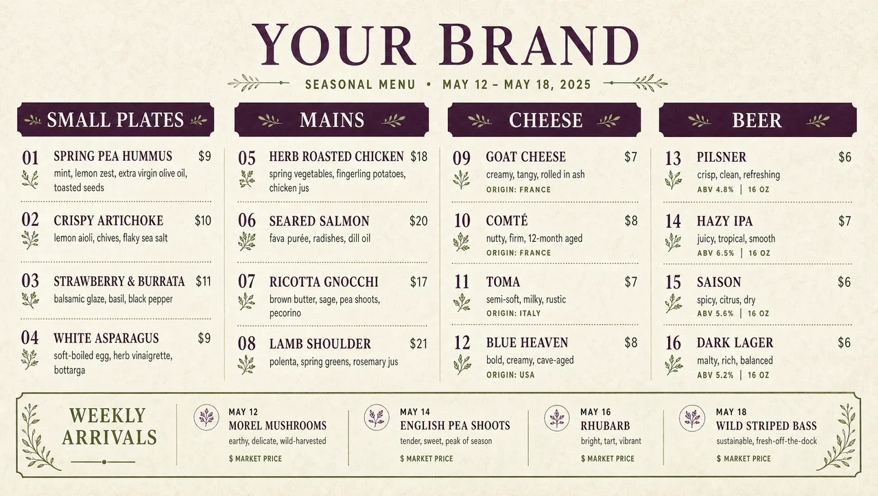 Gastropub menu with a dated seasonal block.