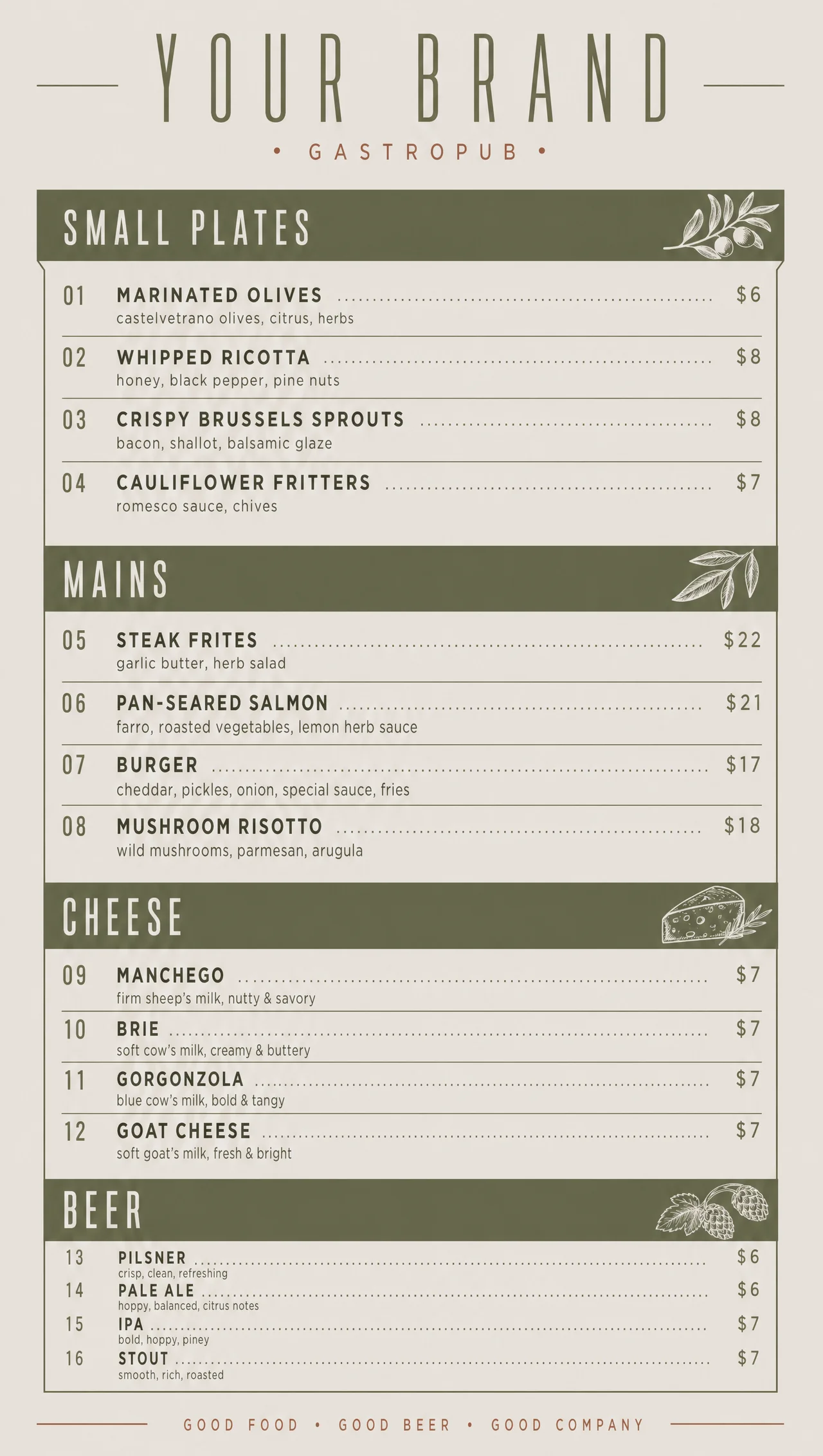 Gastropub menu, vertical outside panel led by small plates.