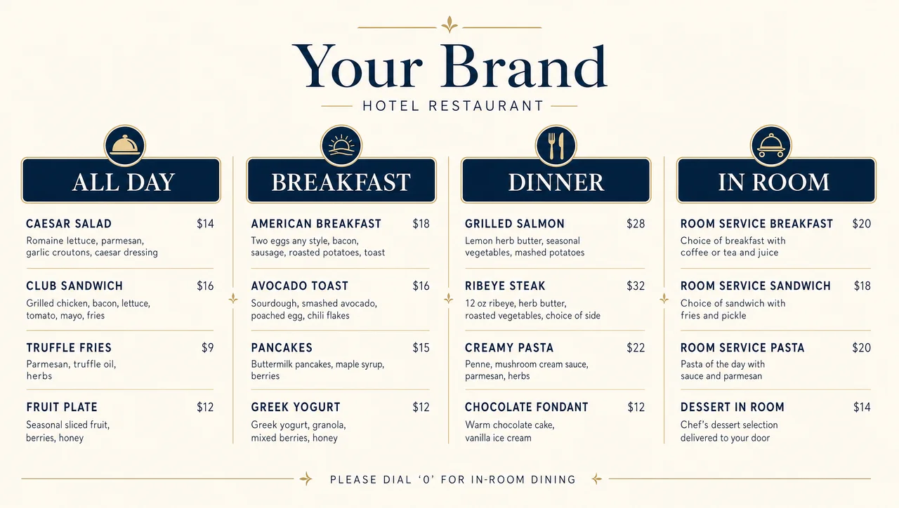 Example hotel menu template, full design view.