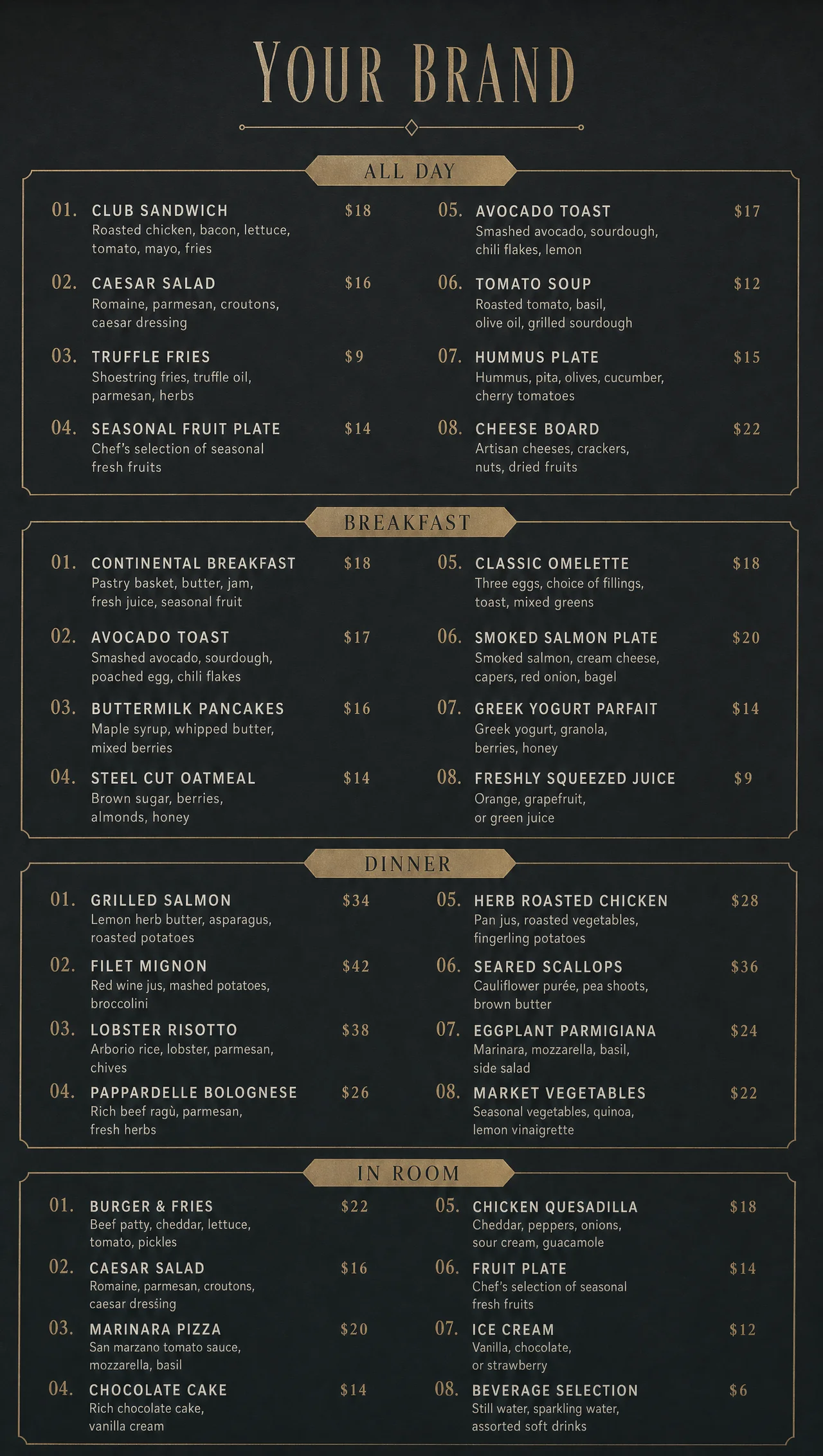 Hotel dinner menu, vertical panel outside the dining room.
