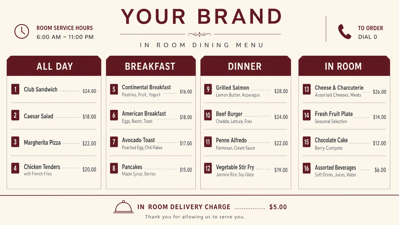 Hotel room service menu with a tray charge line.