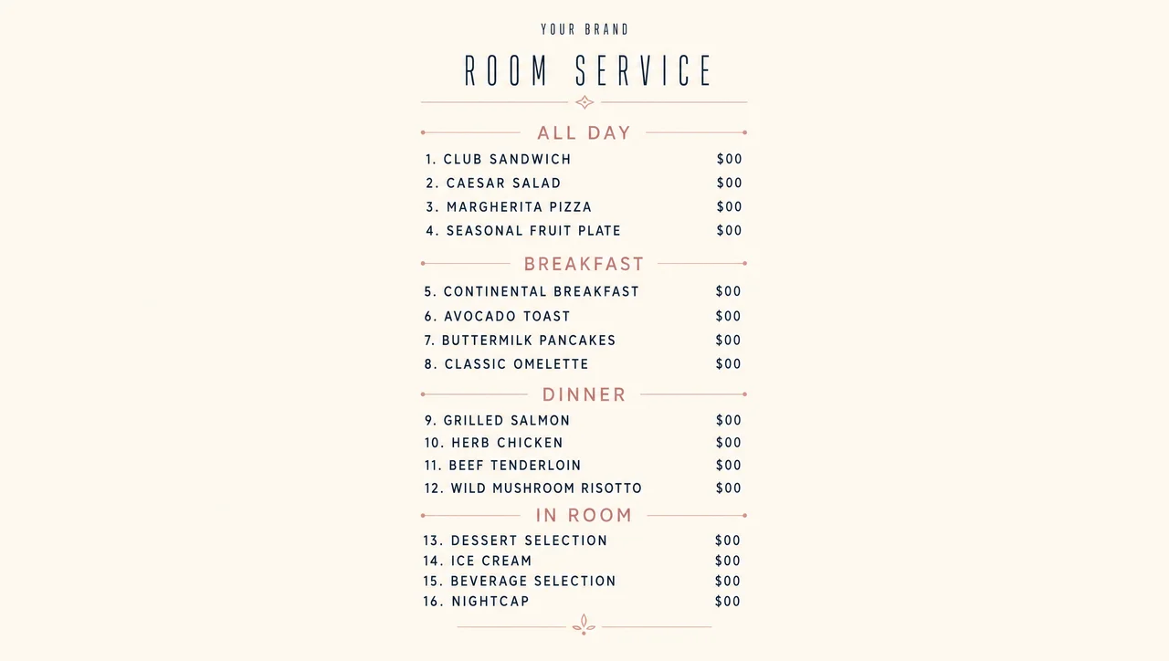Hotel menu card sized for a bedside table.