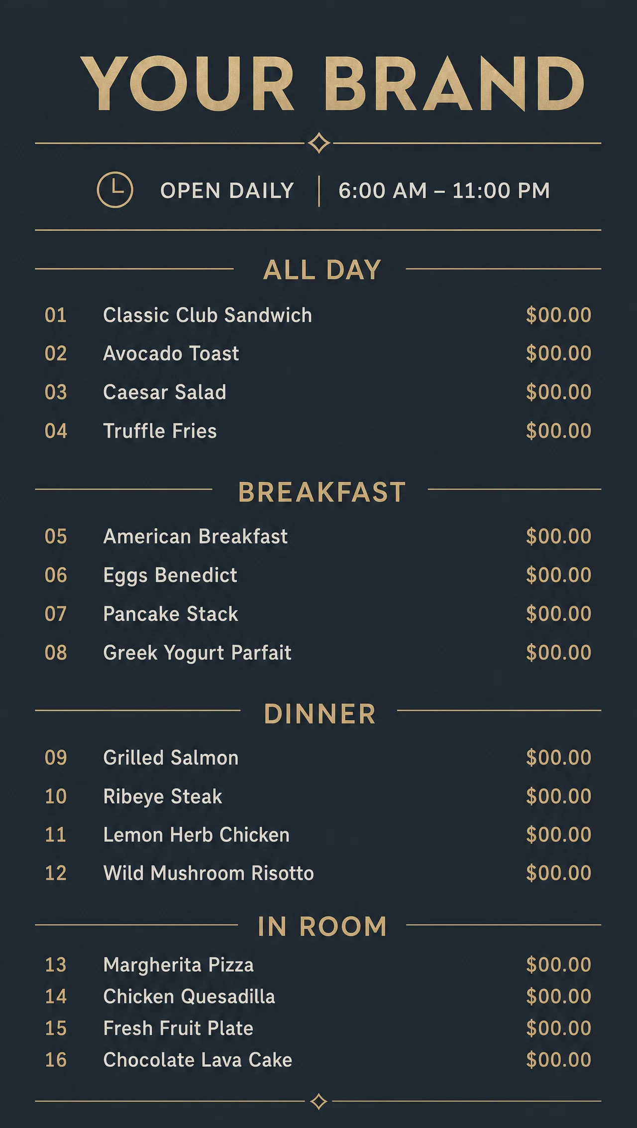 Menu in hotel lobby, vertical three-dish board.