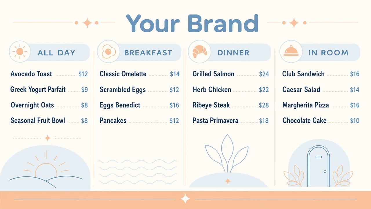 Hotel breakfast menu, large type and no descriptions.