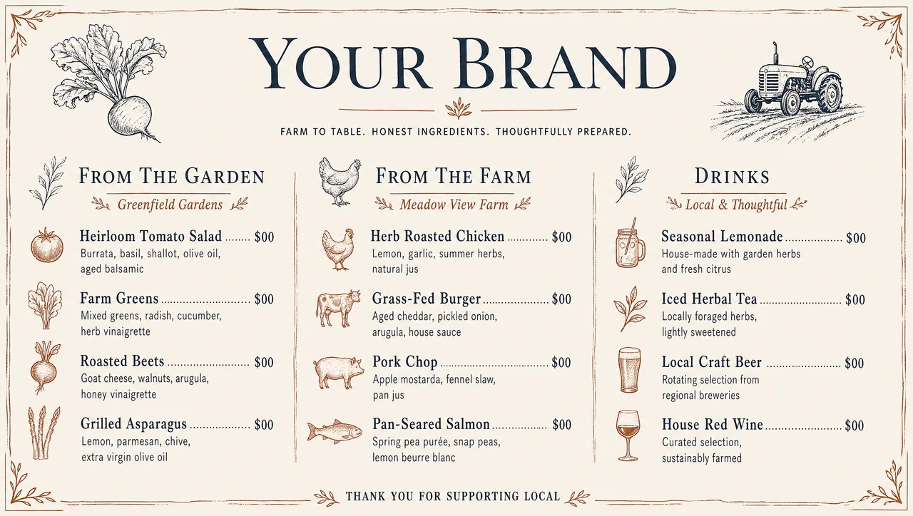 Farm to table restaurant menu with growers in the section heads.