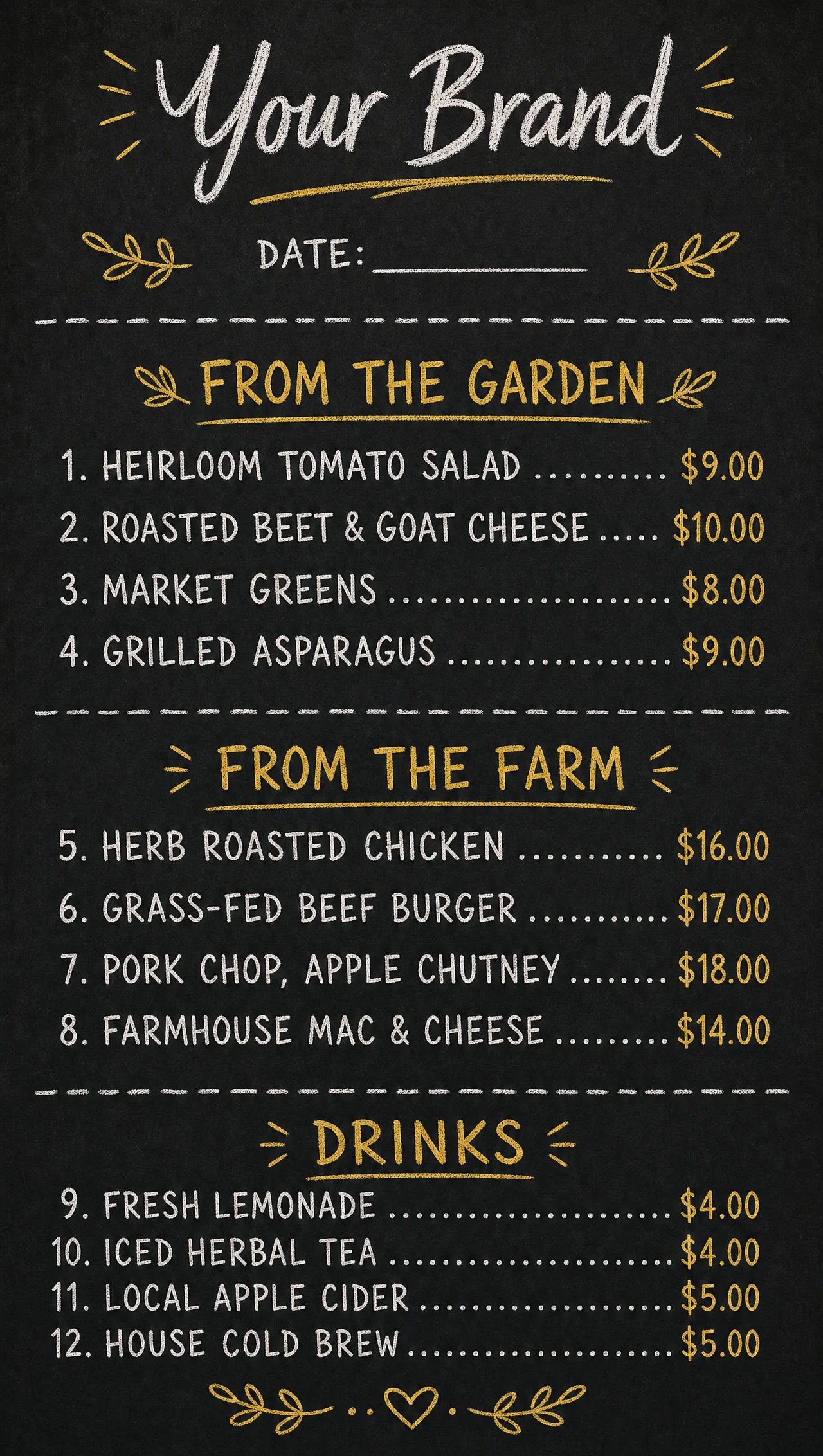 Locally sourced menu, vertical chalkboard build.