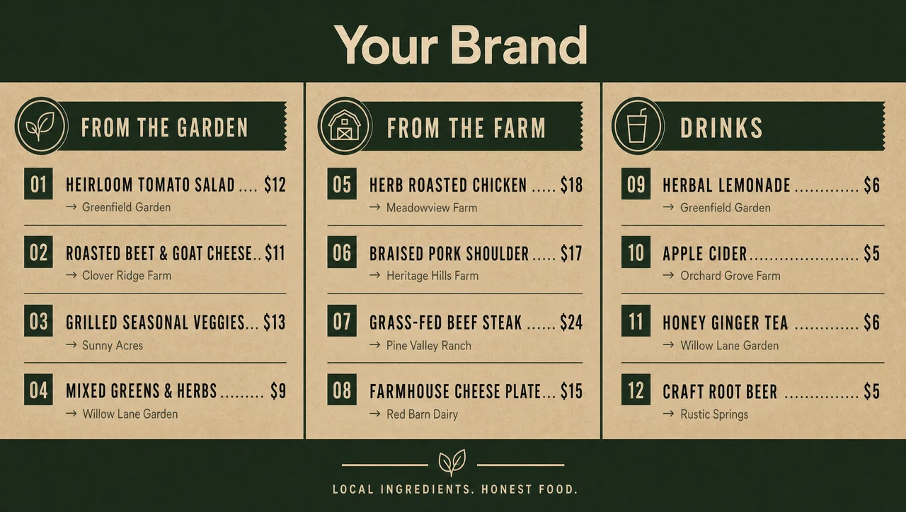 Local food menu template, full design view.