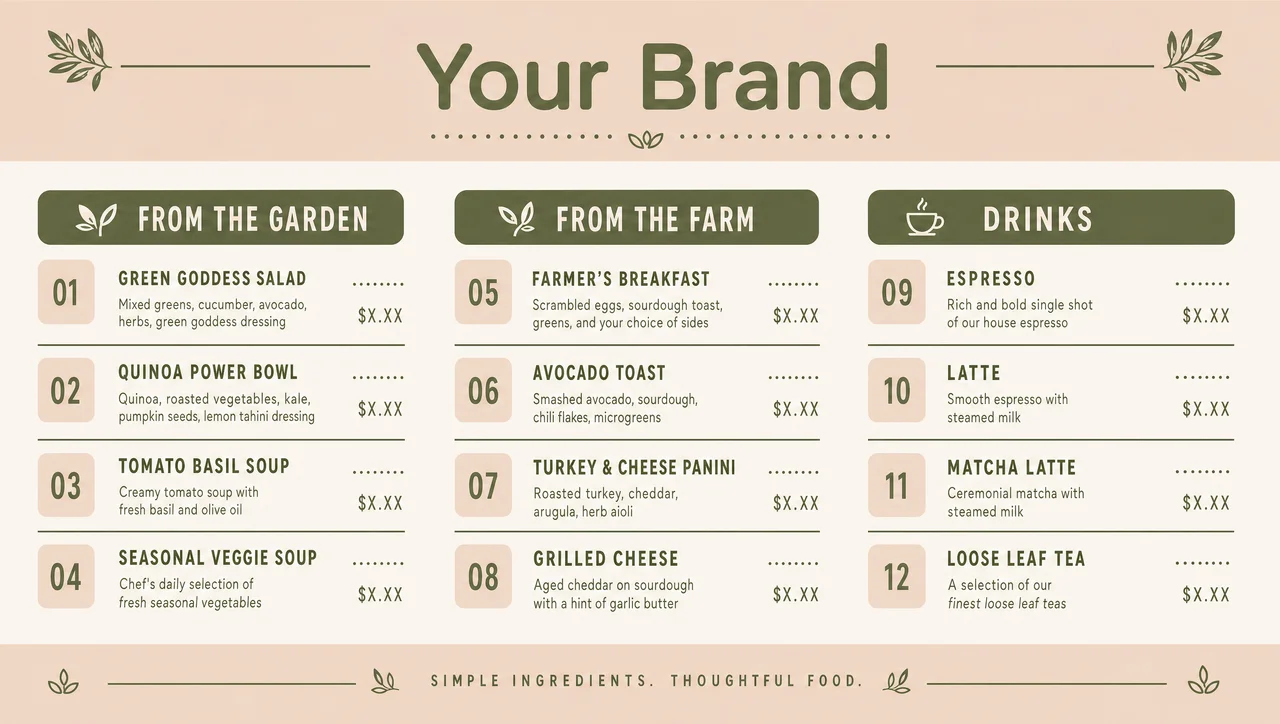 Local cafe menu, counter length design.