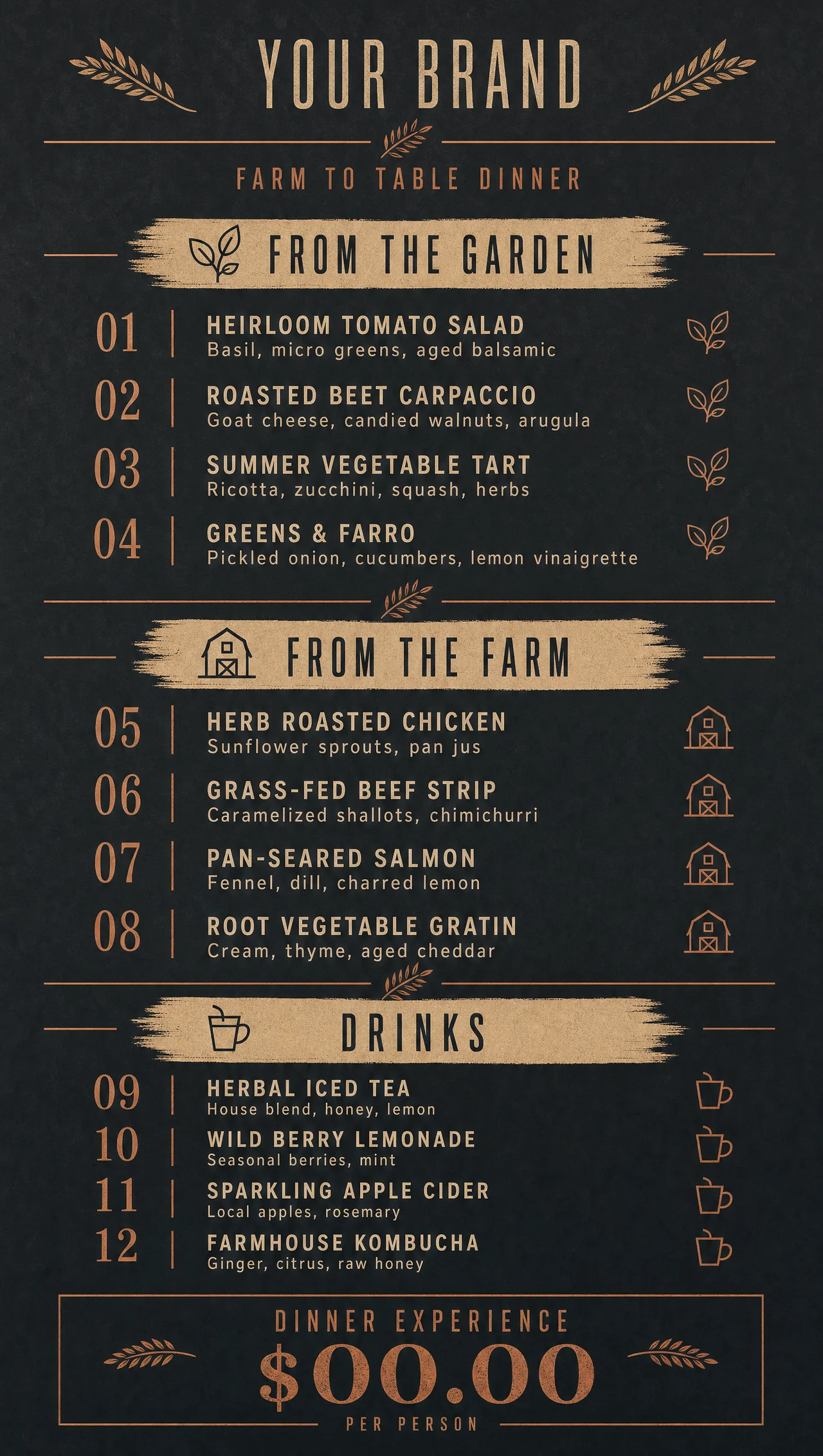 Farm to table dinner menu, vertical set-price layout.