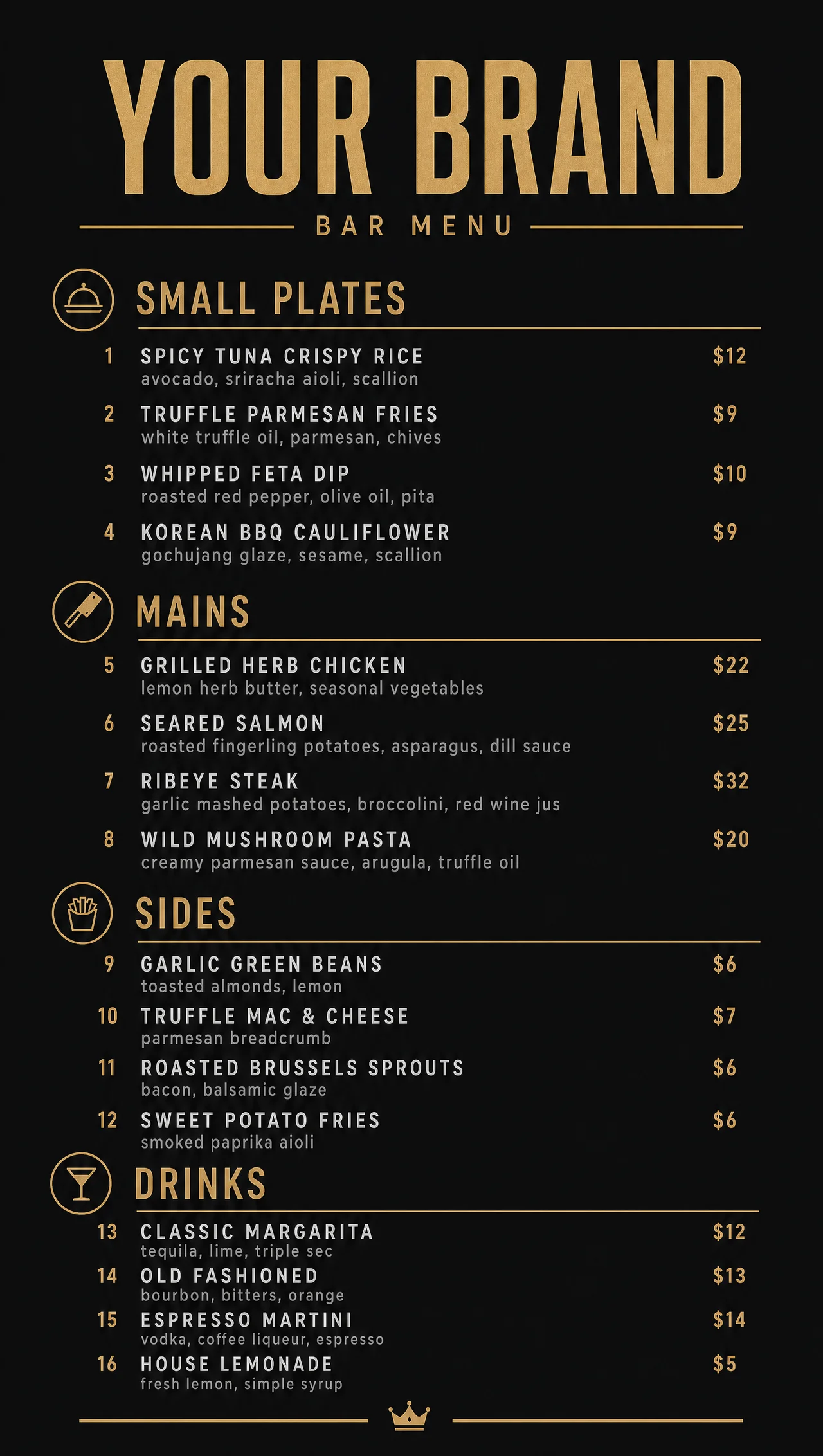 Modern bar menu design, vertical low-light build.