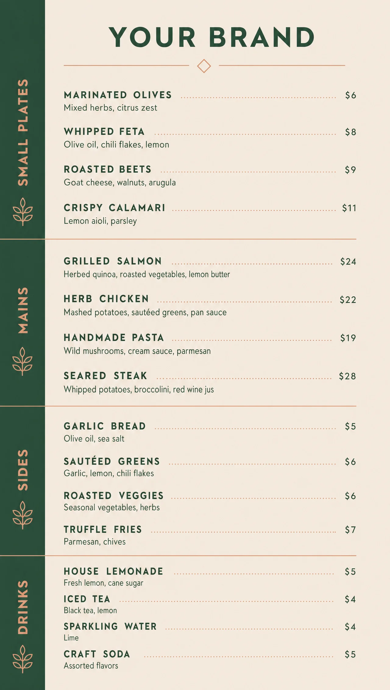 Modern menus, vertical single column build.
