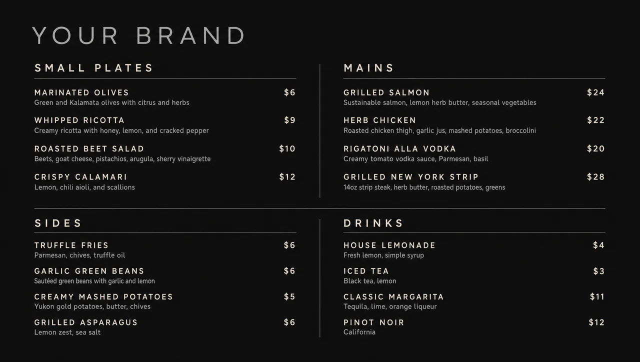 Modern restaurant menu design, inverted dark layout.