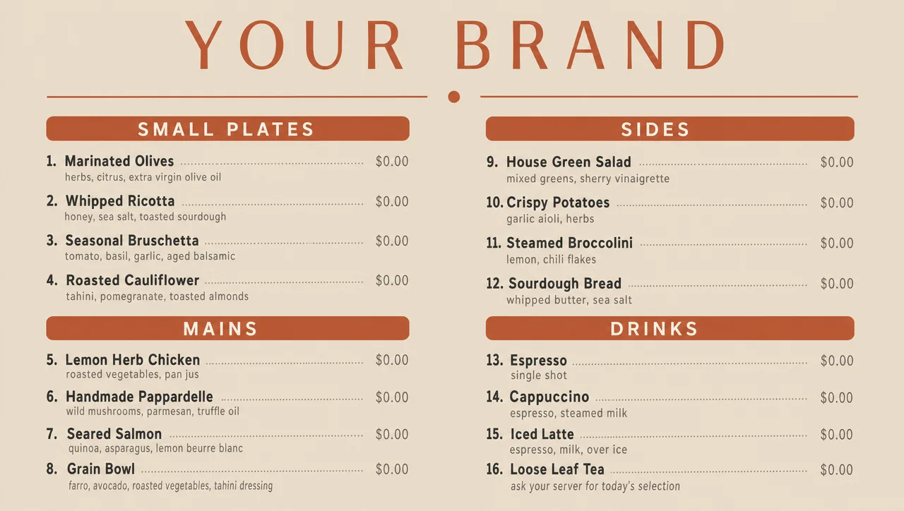 Modern cafe menu design with wider leading.