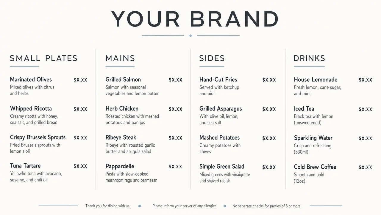 Modern restaurant menu template, full design view.