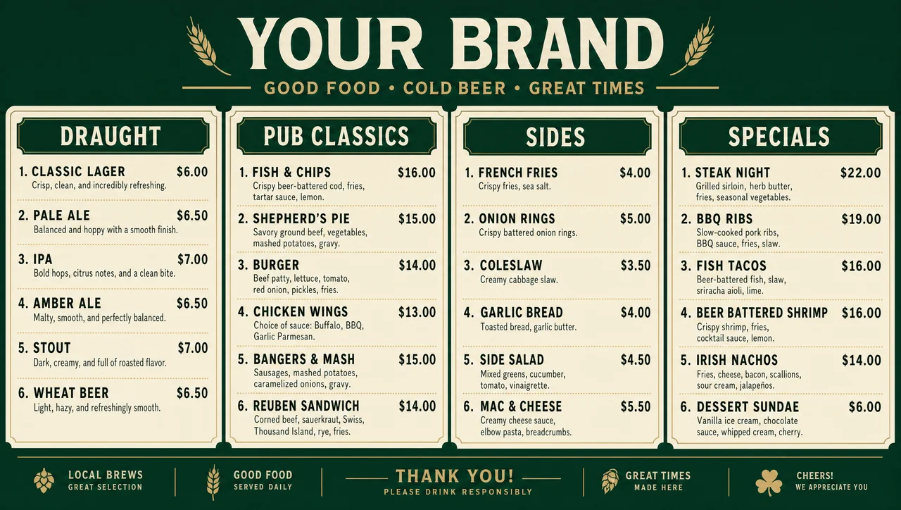 Pub menu for a food-led room with draught shortened.