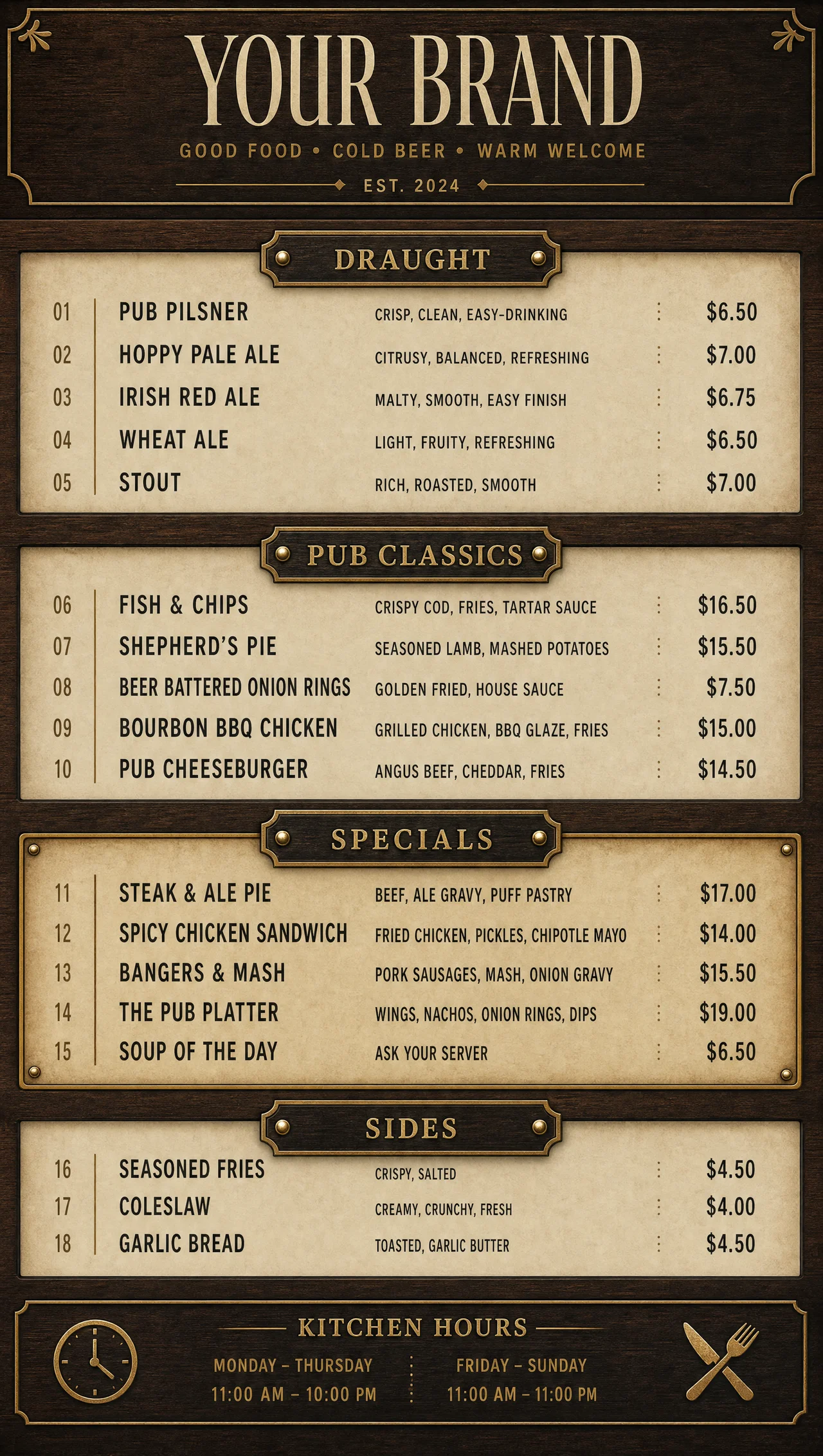 Pub menu, vertical door panel with food service hours.