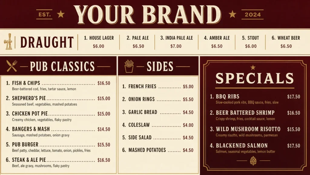 Pub menu template, full design view.