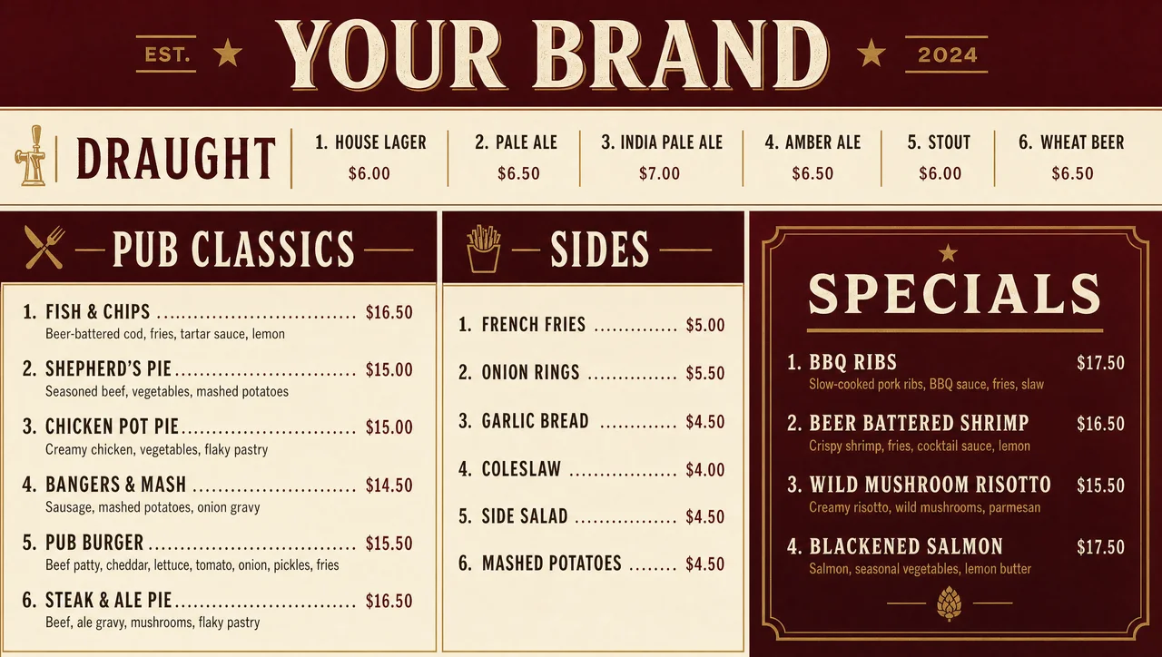 Pub menu template, full design view.