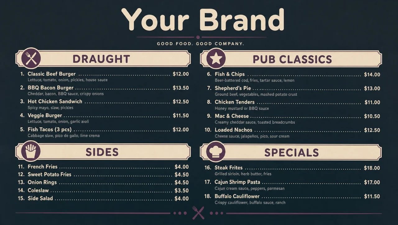 Pub food menu with no beer, sized for a table card.